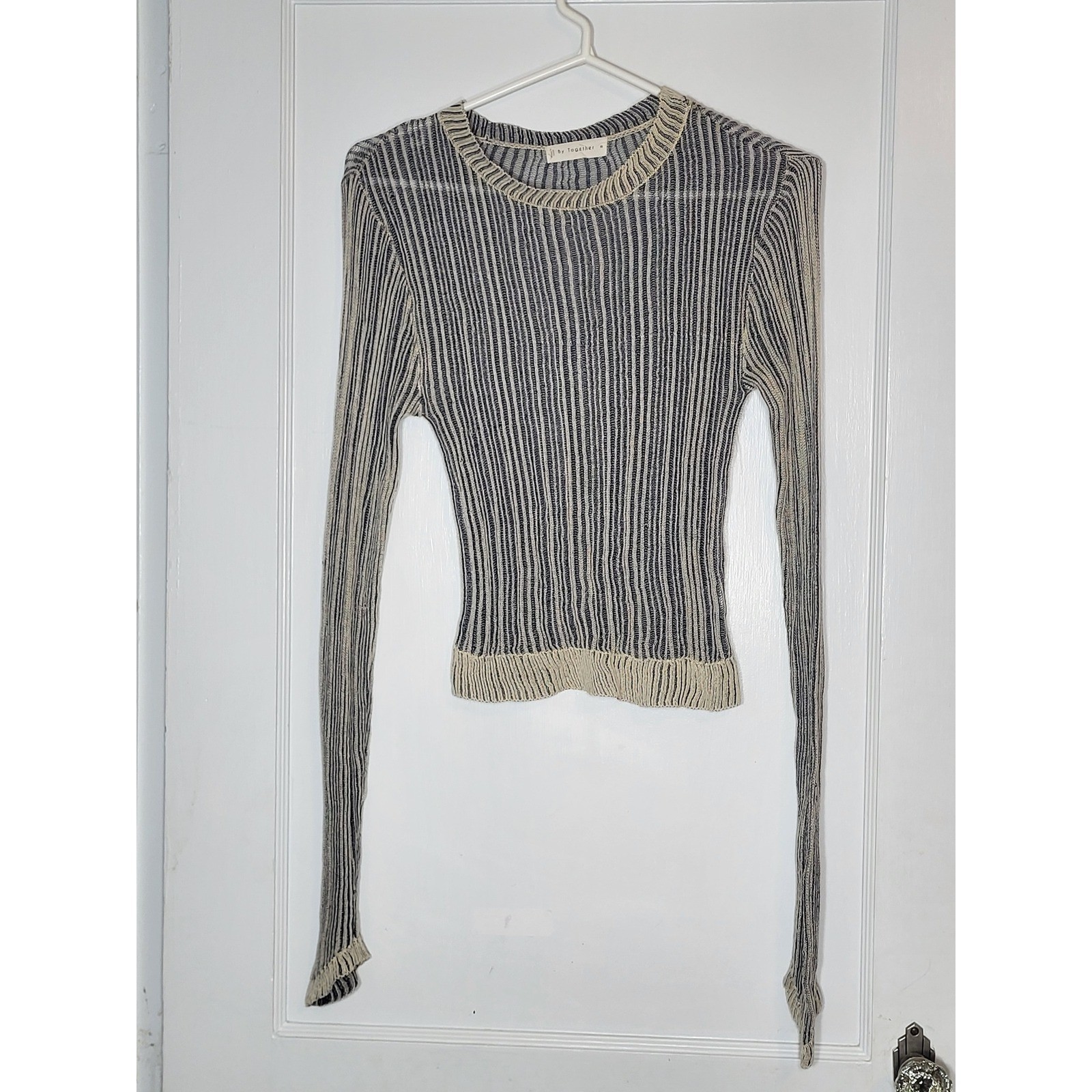 By Together Women Navy Cream Striped Sheer Ribbed Knit Long Sleeve Top W1333 M