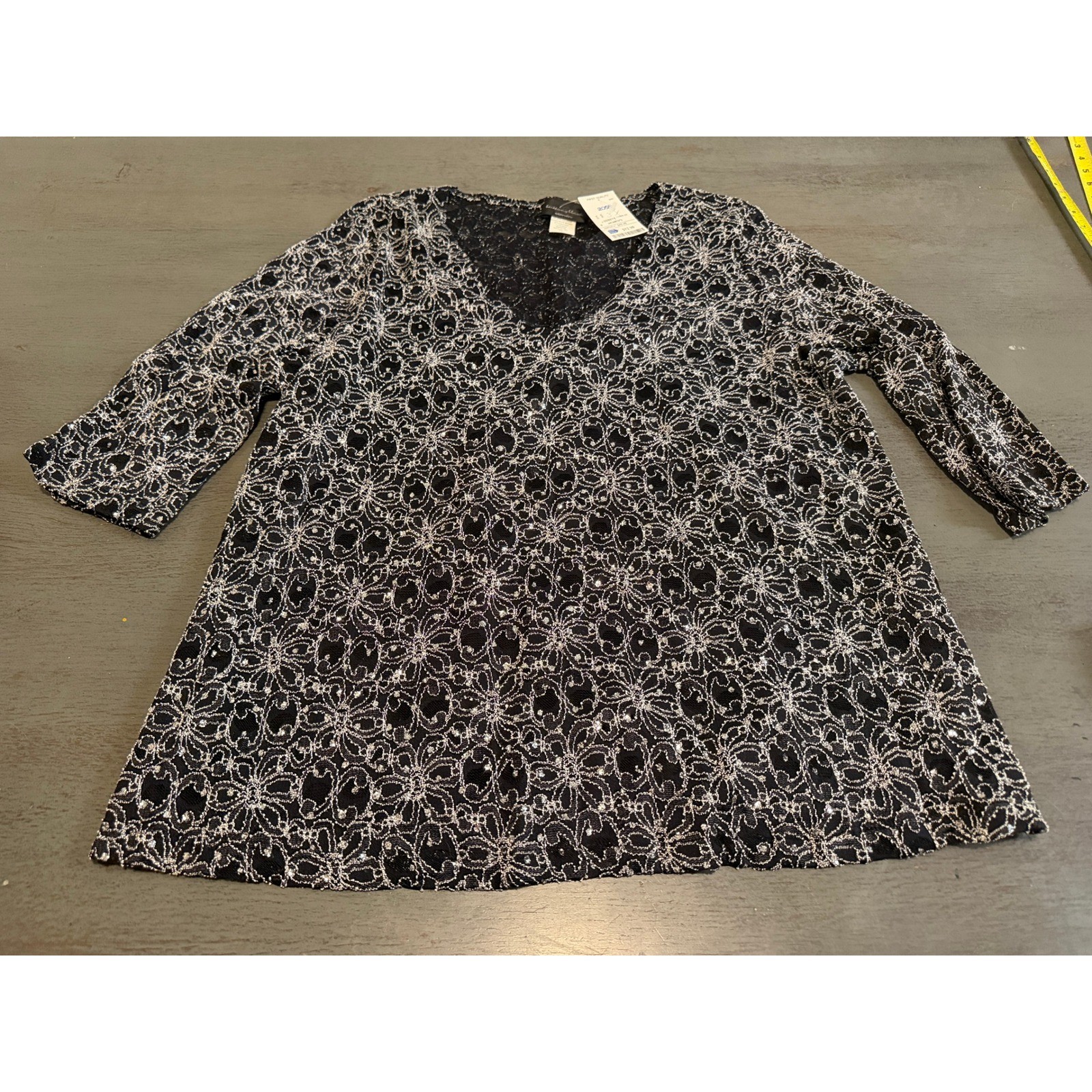Studio 1940 Womens Black White Floral Lace V-Neck 3/4 Sleeve Metallic Blouse NEW