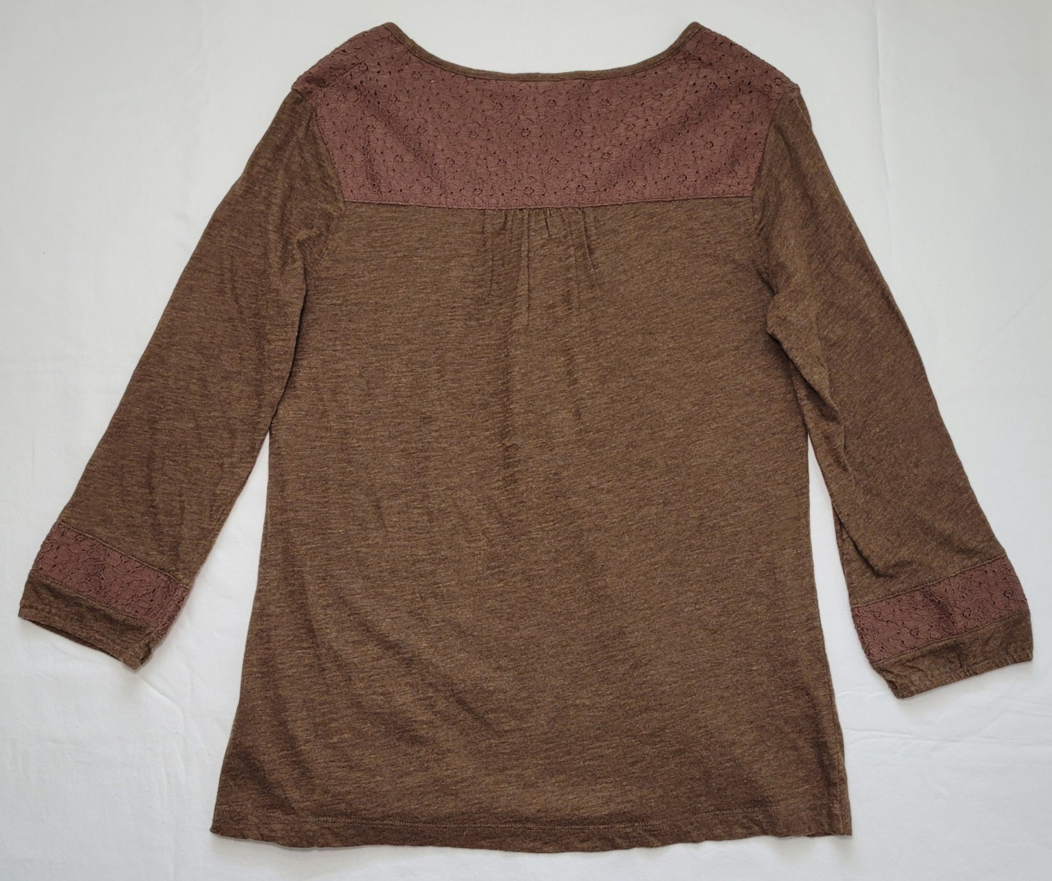 Natural Reflections Lace Trim Henley Blouse Womens Medium Brown Cottagecore Boho