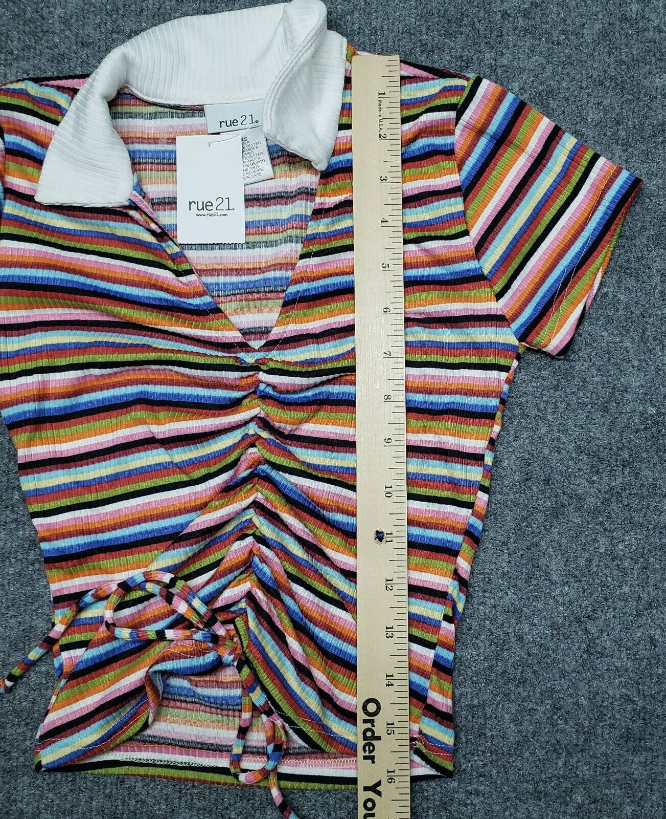 Rue21 Crop Top Womens XS Multicolor Striped Short Sleeve V-Neck Ruched Tie New