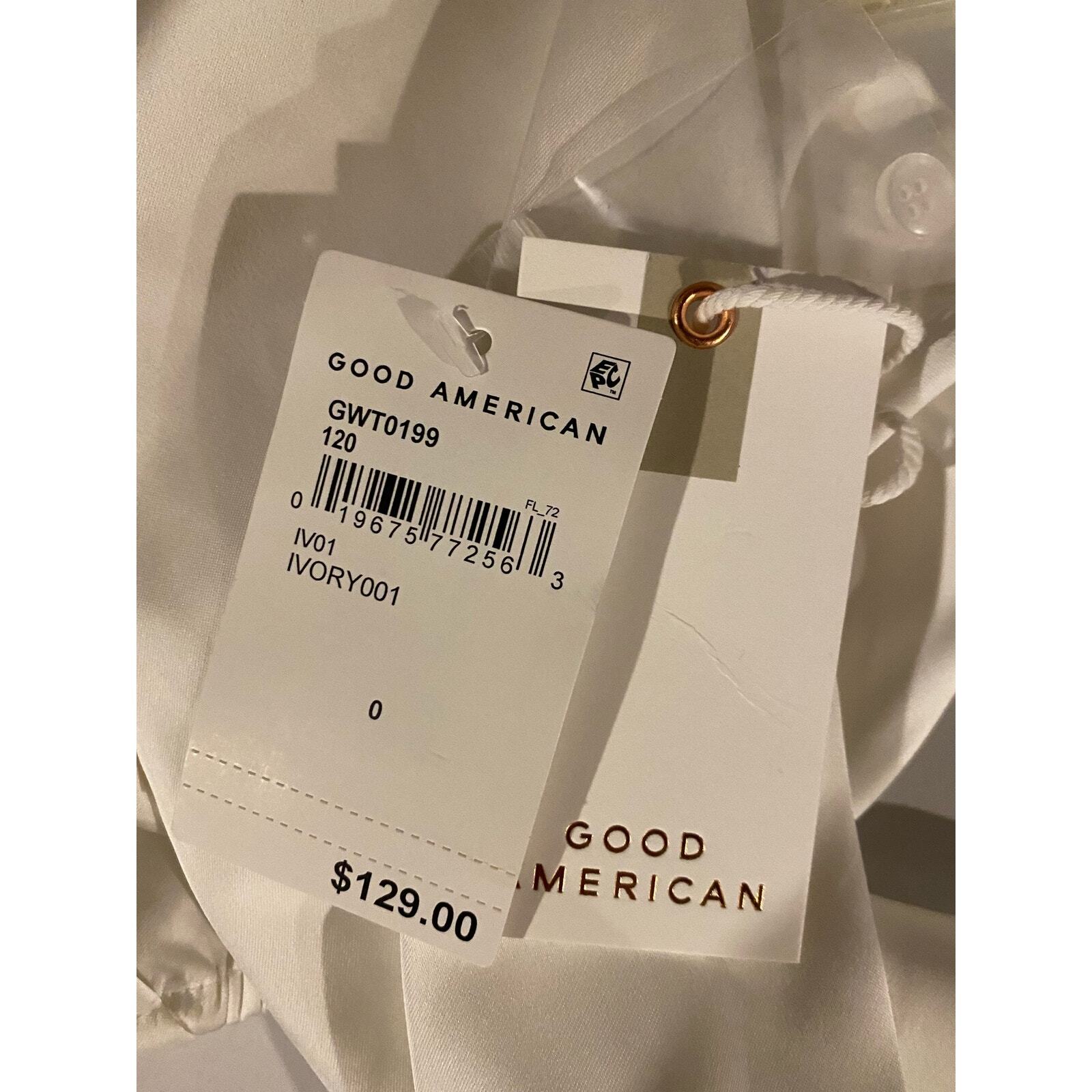 NWT Good American Faux Wrap Blouse XS Ivory Cuffed Blouson Long Sleeve V-Neck