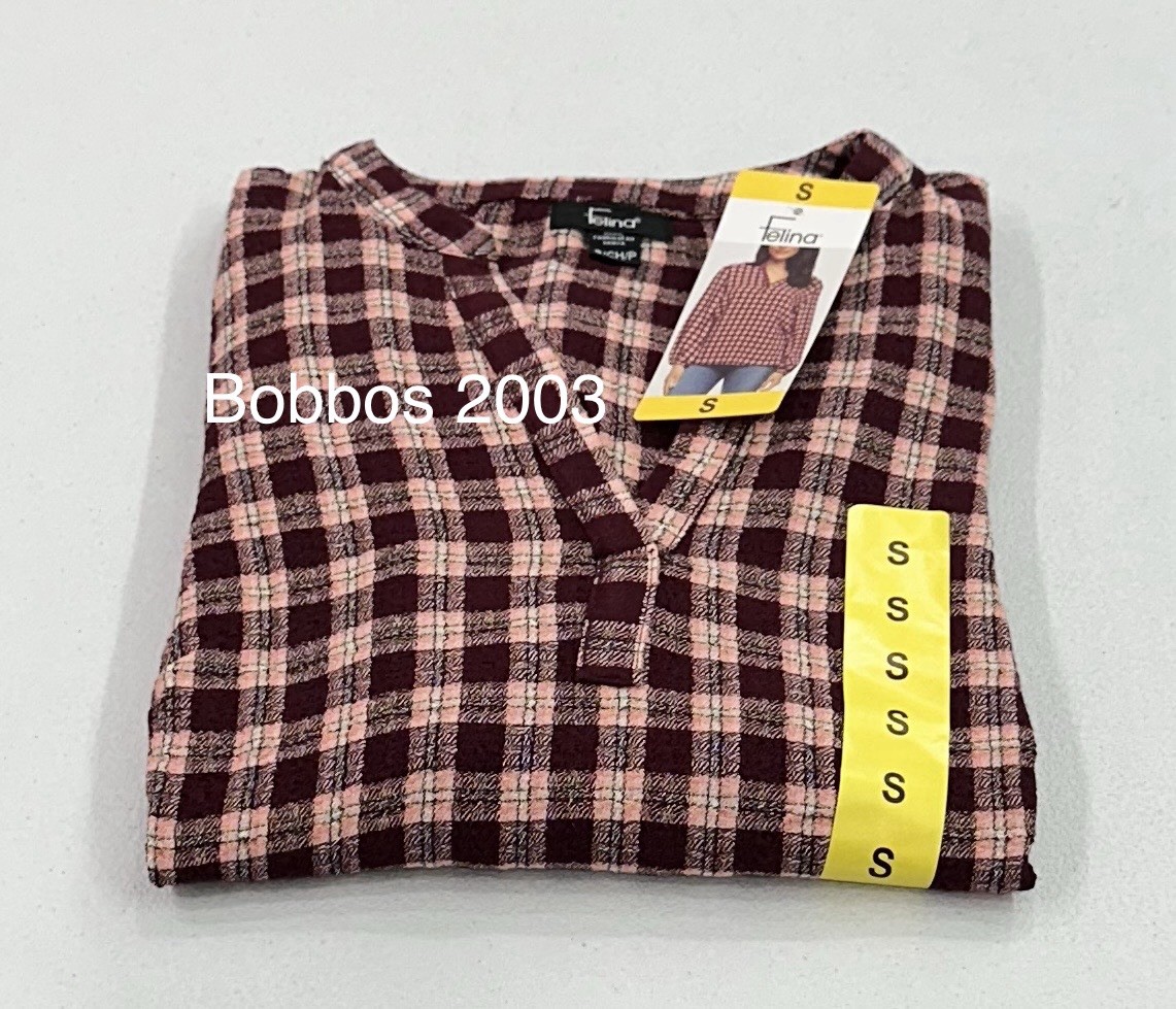 Felina Women’s V-Neck Long Sleeve Lurex Plaid Top, Red Burgandy, Size S