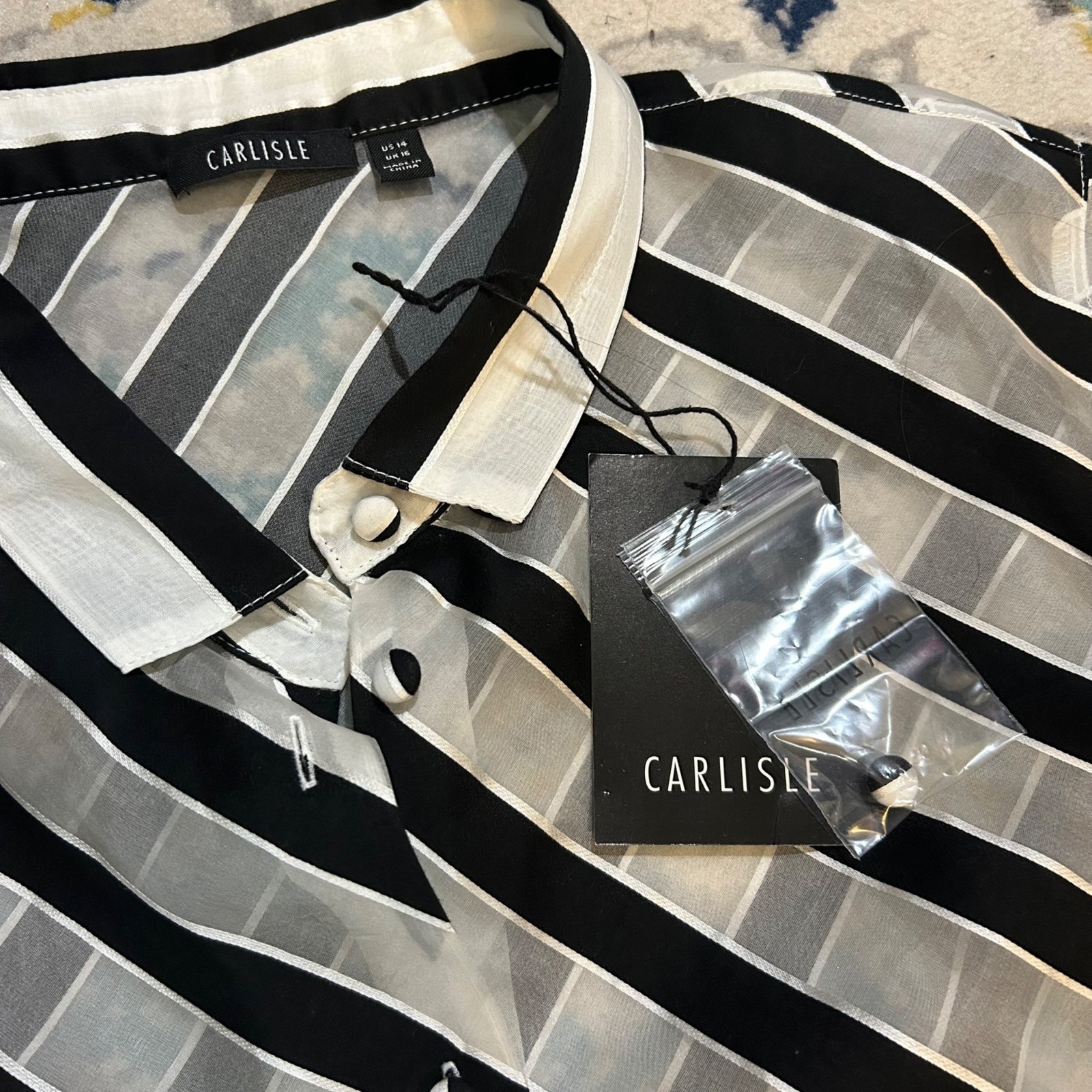 NEW Carlisle Black & White Striped Sheer Button Front Top Cotton Silk Size 14