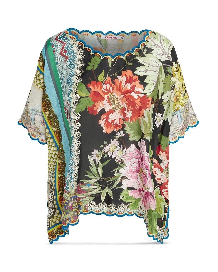 Johnny Was Loden Floral Print Silk Scallop Hem Top XL Boho Artsy Beach Eclectic