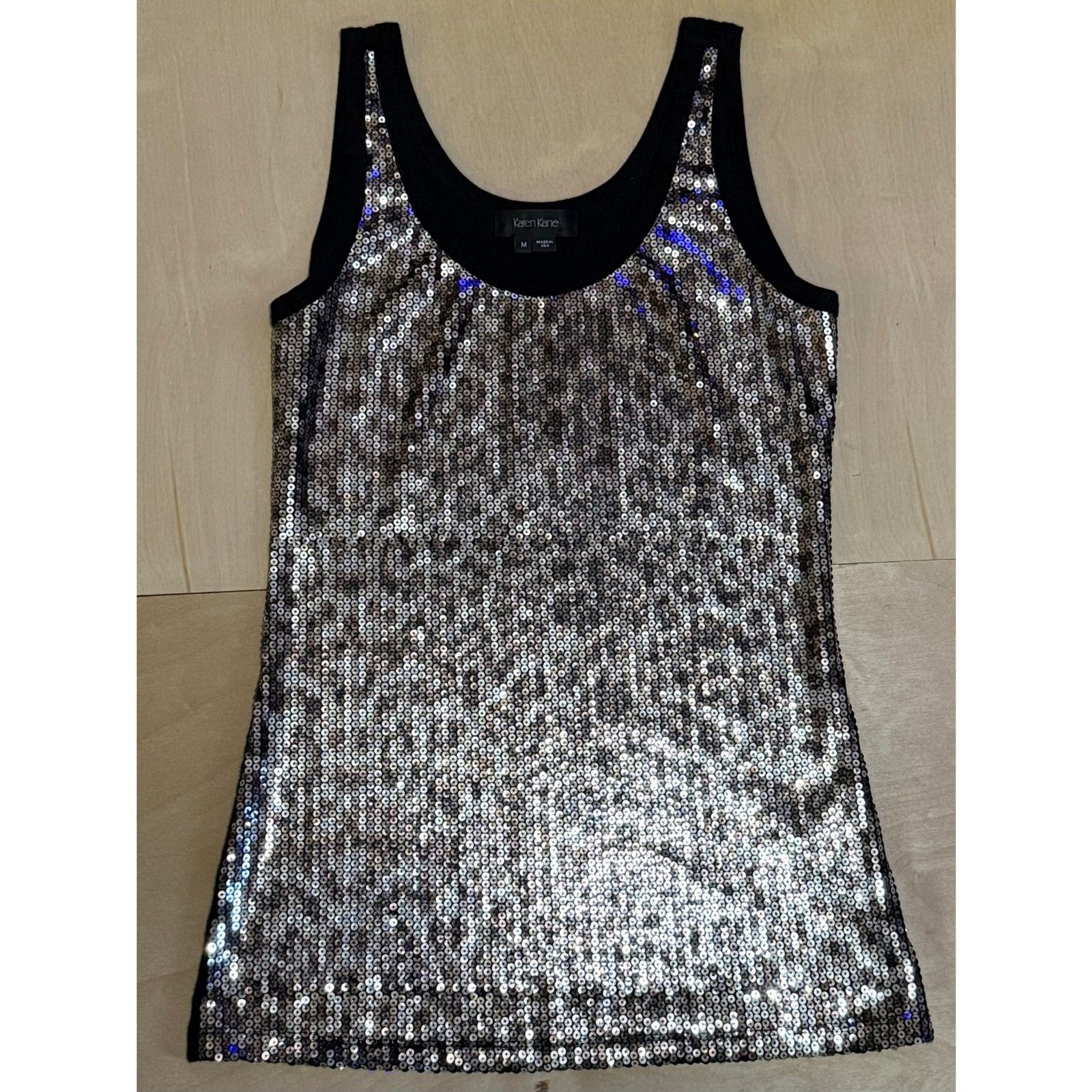 Karen Kane Metallic Silver Sequin Tank Scoop Neck Camisole Mob Wife Y2K Glam M