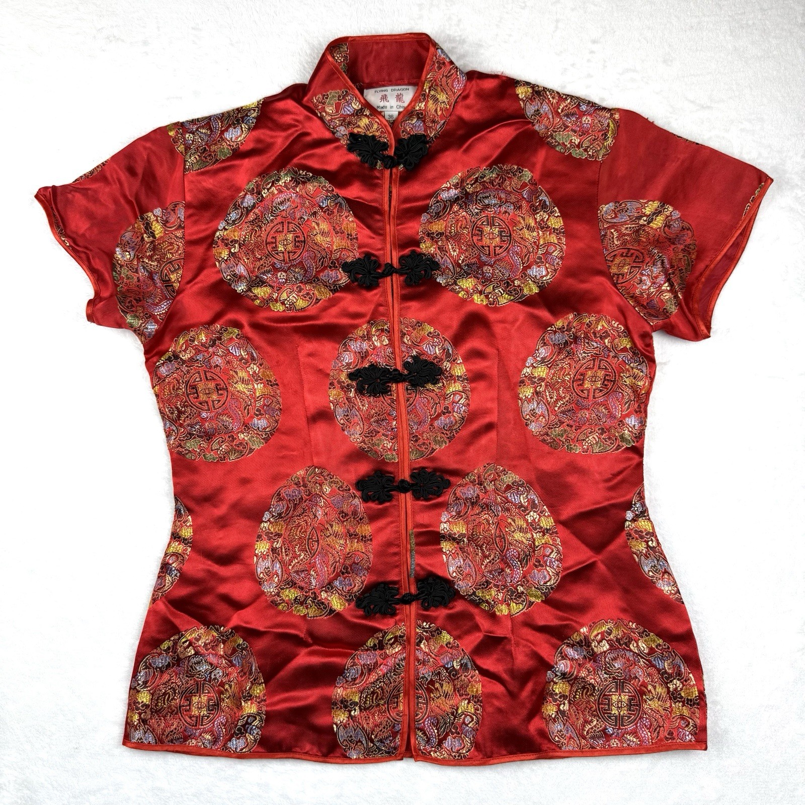 Flying Dragon Woman’s Top Red Geometric Toggle Closure Snaps Short Sleeves