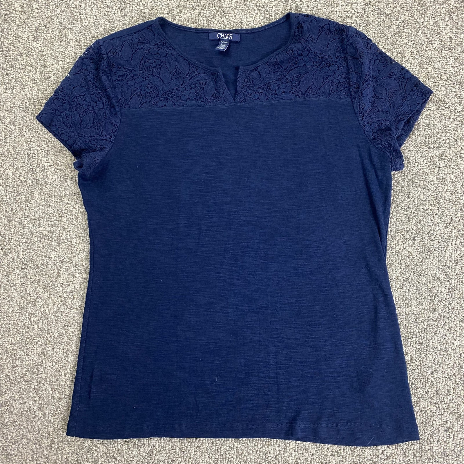 Chaps Lace Trim Peasant Top Womens Extra Large Blue V-Neck Short Sleeve Cotton