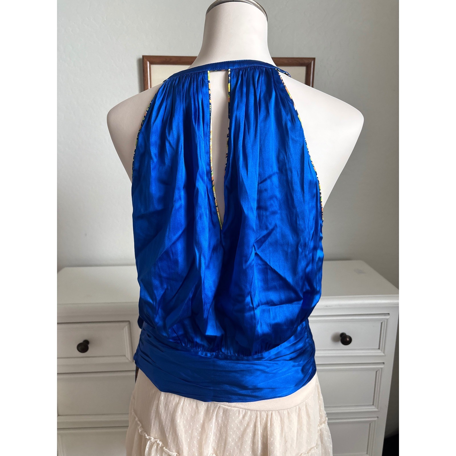Robert Graham Ava Silk Halter Top Sapphire Blue Paisley Trim Blouse WS21229 M