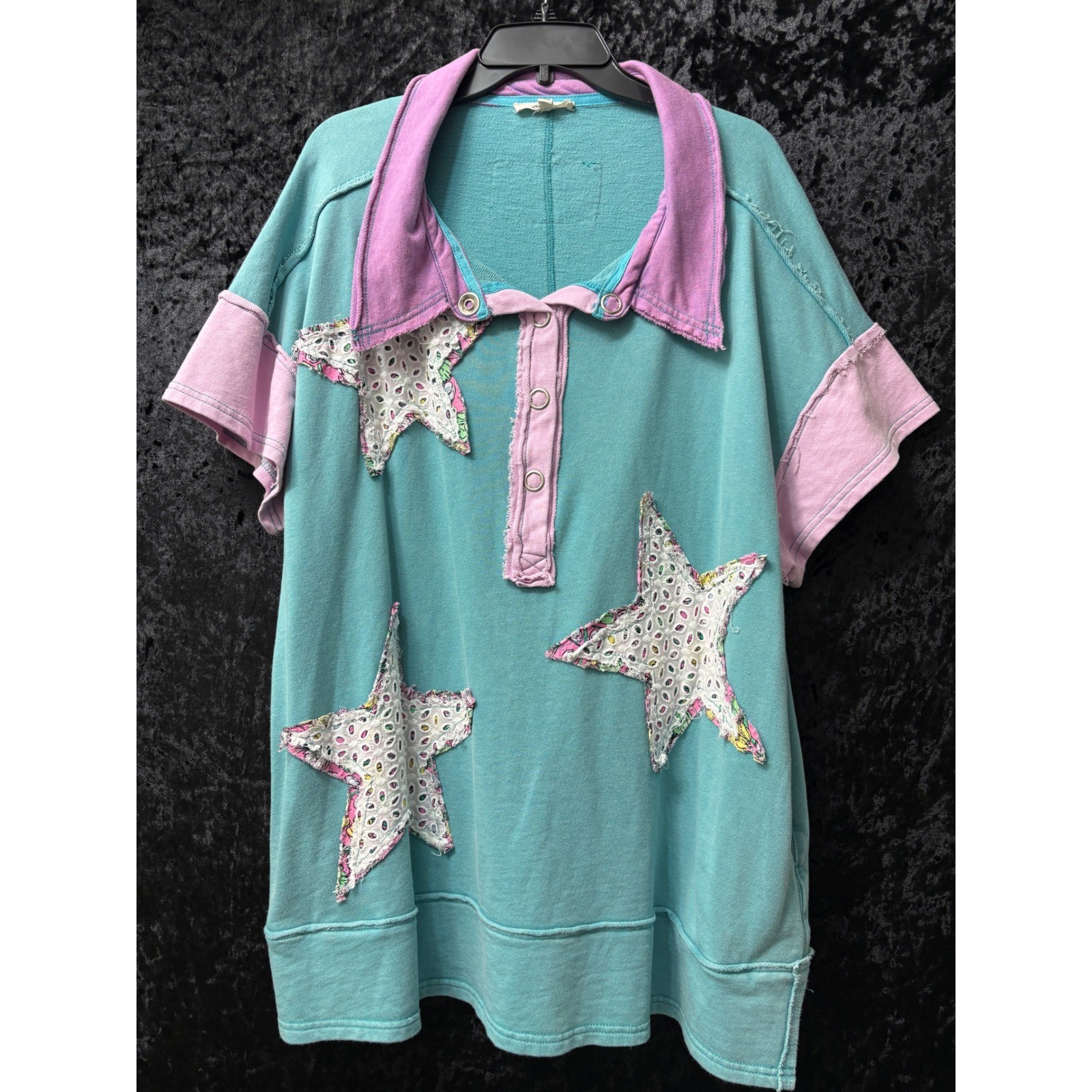 Blue Velvet Brand Top Womens L Star Patchwork Oversized Frayed Lagenlook Artsy