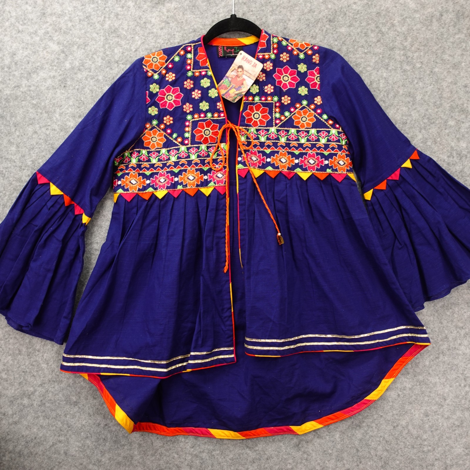 Boho Shrug Top Women SMALL Blue Embroidered Indian Kedia Ethnic Festival RANG JA
