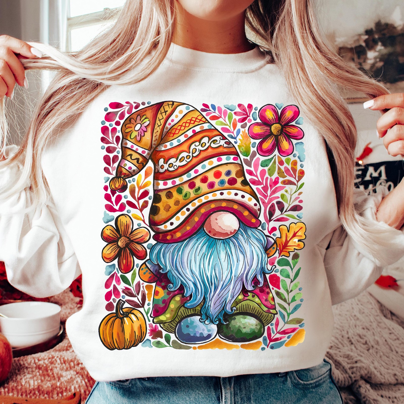 Fall Gnome T-Shirt Autumn Pumpkin Floral Shirt Cute Harvest Tee Thanksgiving Top