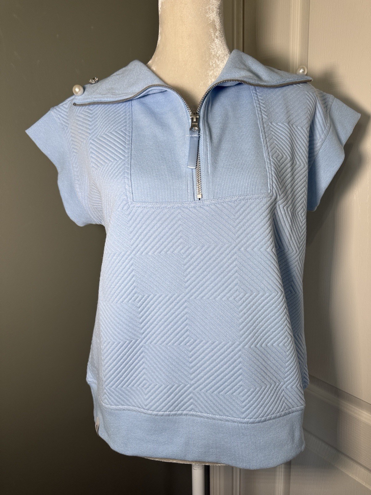 Simply Southern Blue Quilted Pearl Rhinestone Quarter Zip Top Small