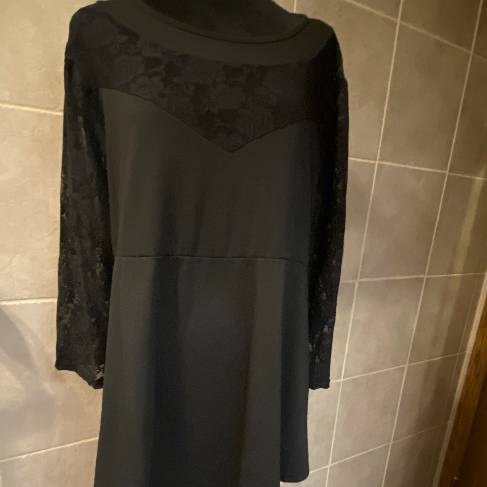 Black Floral Lace Top Sheer Yoke Long Sleeve Round Neck Plus 3XL