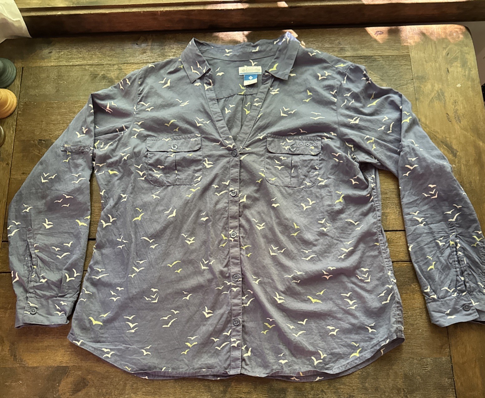Columbia Women’s Button down Blue With Seagulls 1989 Swiftie Performance Wear