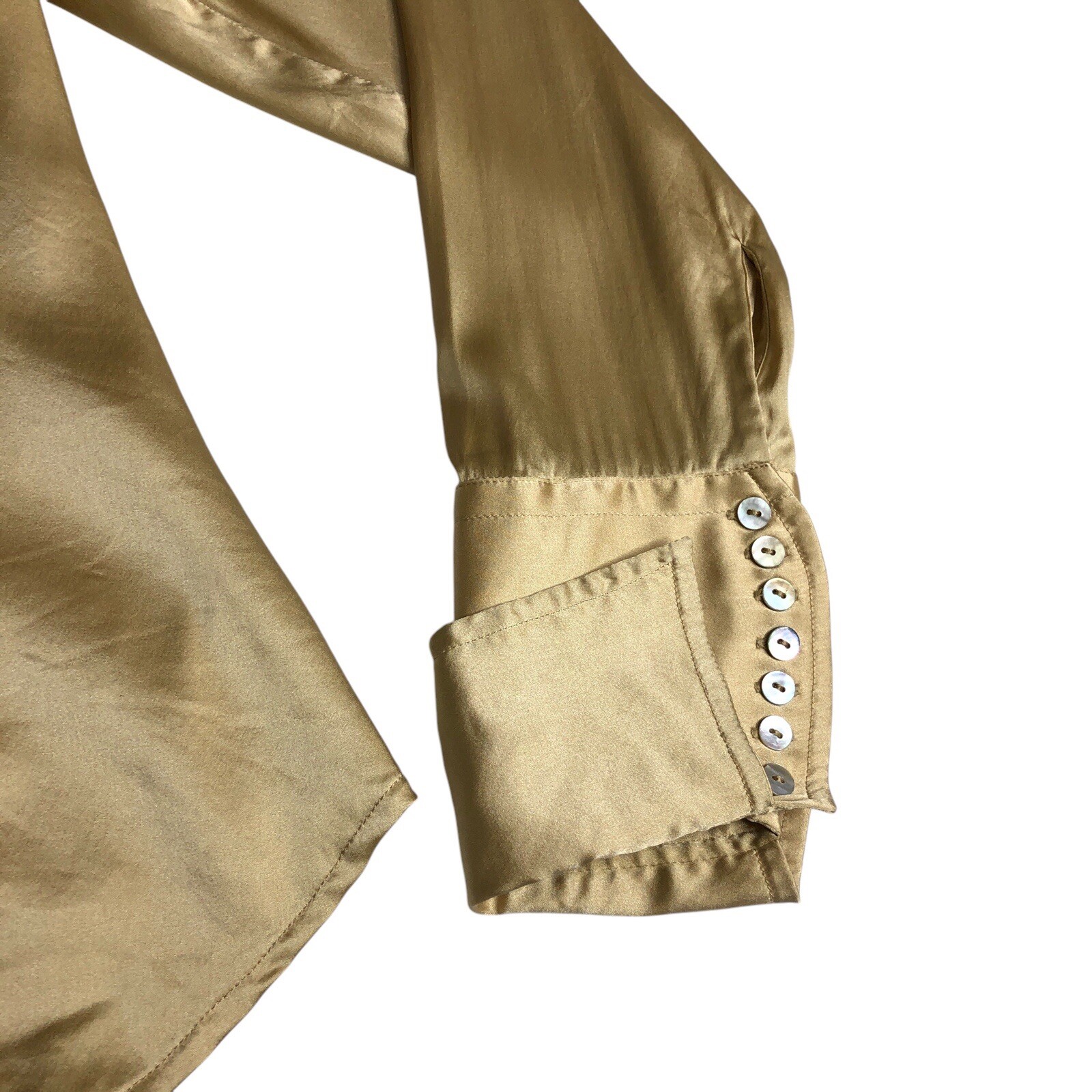 Farinaz Taghavi Silk Blouse Women 6 Gold Button Up Stretch Flip Cuff Career Chic