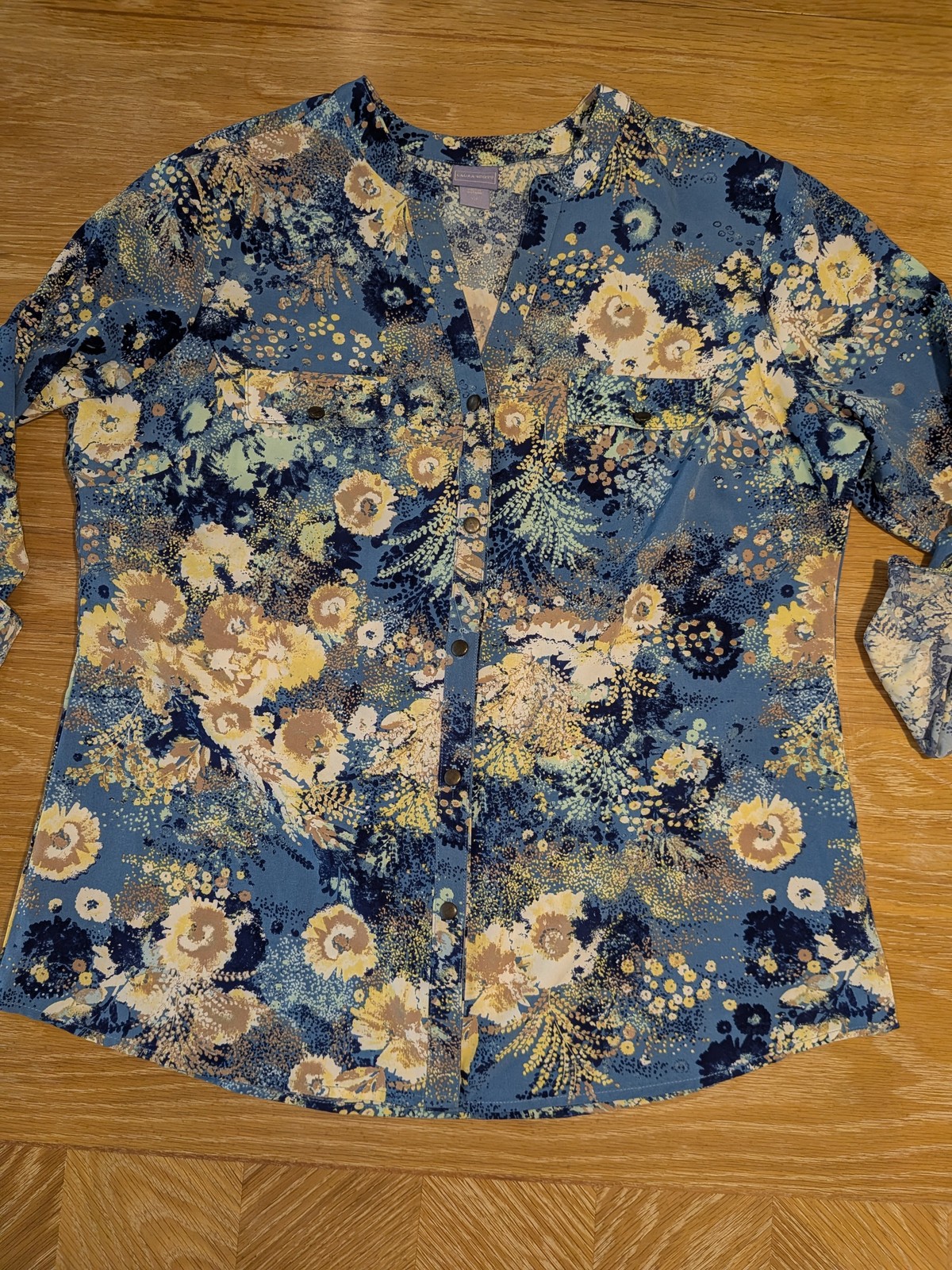 Laura Scott Women’s XL Blue Floral Button Front Long Sleeve Roll-Tab Tunic