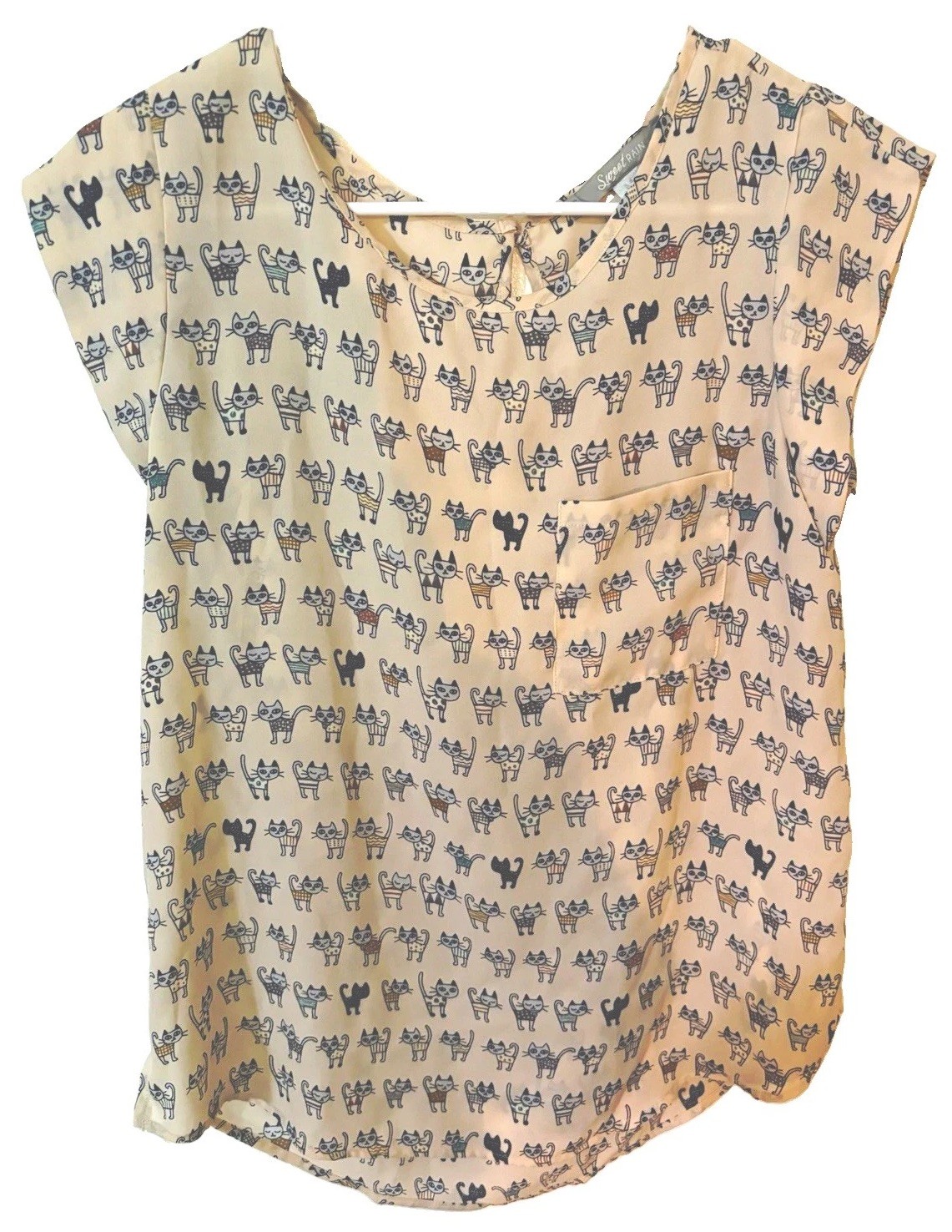 Sweet Rain M Blouse Beige Cat Novelty Print Chiffon Round Neck Cap Sleeve