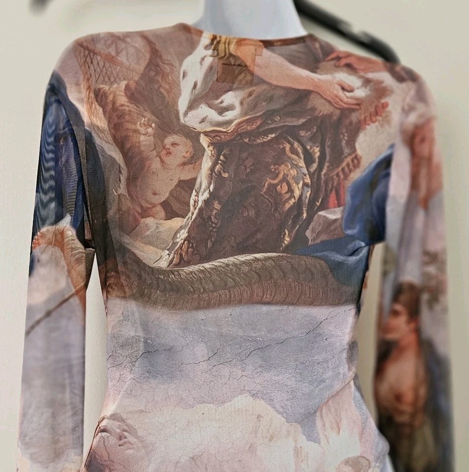 Zara Womens Bodysuit Top L Mesh Sheer Luca Giordano Renaissance Angel Cherub Art
