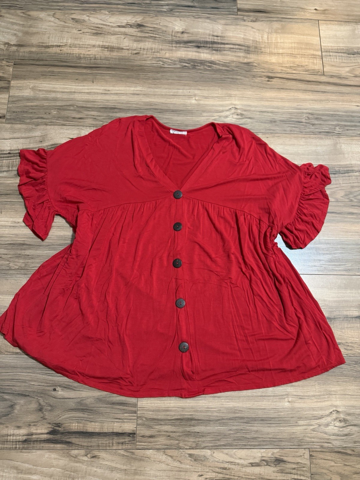 Women’s Red Rayon Knit V-Neck Button Front Ruffle Sleeve Peplum Blouse 2XL