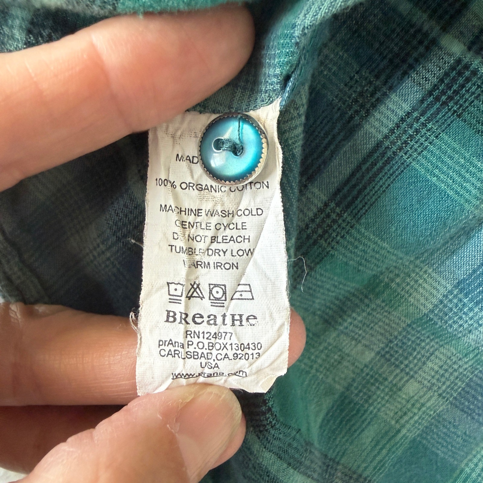 Prana Plaid Cotton Button Up Shirt Womens L Teal Green