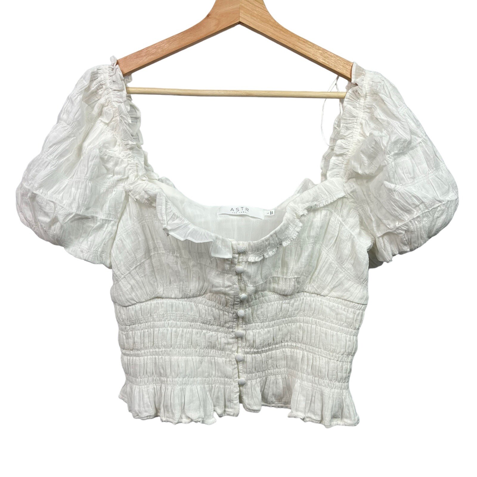 ASTR The Label Crop Top Blouse Size L White Ruffle Ruched Smocked Festival NWOT