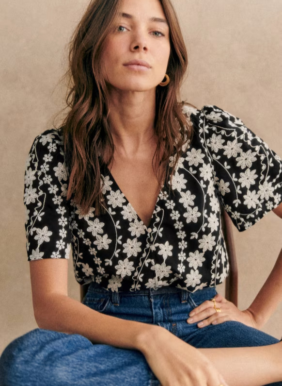 SEZANE Emma Floral Blouse Top in Ecru Embroidery/Black – Sz 46 EU/14 US