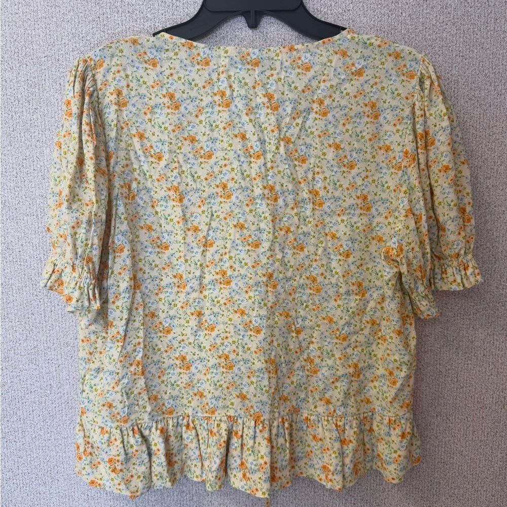 Sophie Rue Women Sz L Yellow Blue Floral Puff Sleeve Tie Front Top Cottagecore