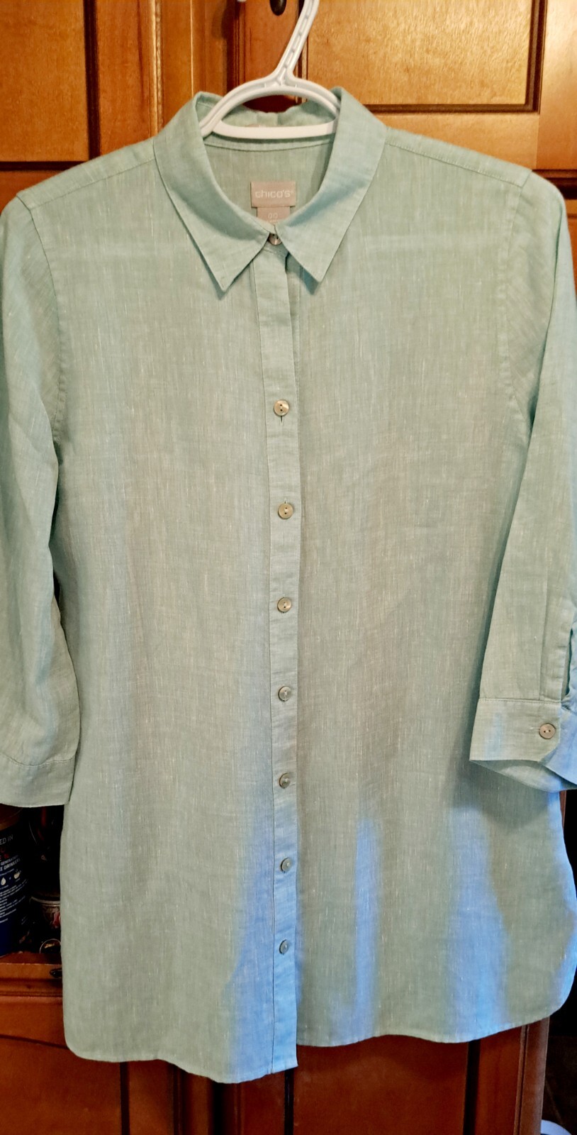 Ladies Chicos Sea Foam Green Top 100% Linen Deep Side Slits Long Line Blouse XS