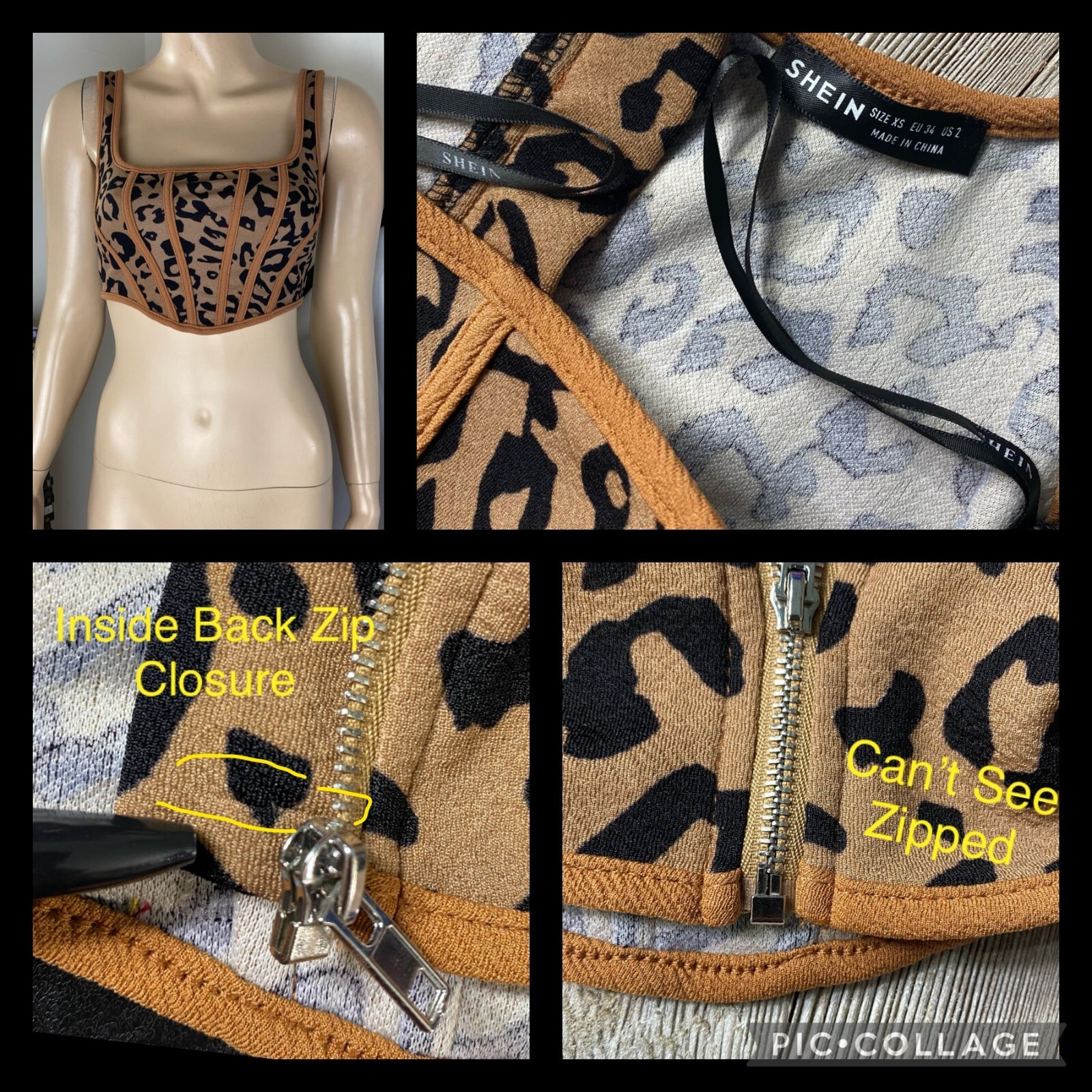 Shein Womens XS US 2 Animal Leopard Print Crop Asymmetric Hem Tank Top Zip Back