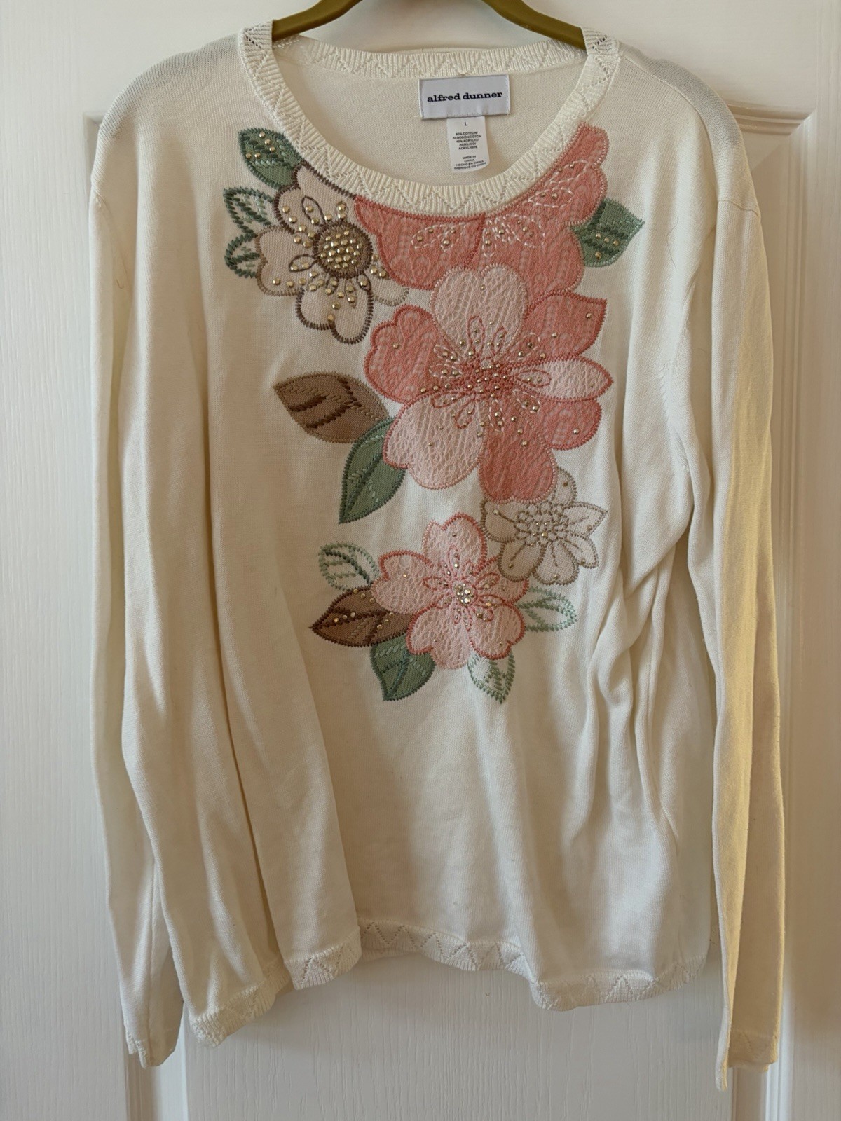 ALFRED DUNNER Women’s Ivory Long Sleeve Pullover Sweater Top Sz Large Floral