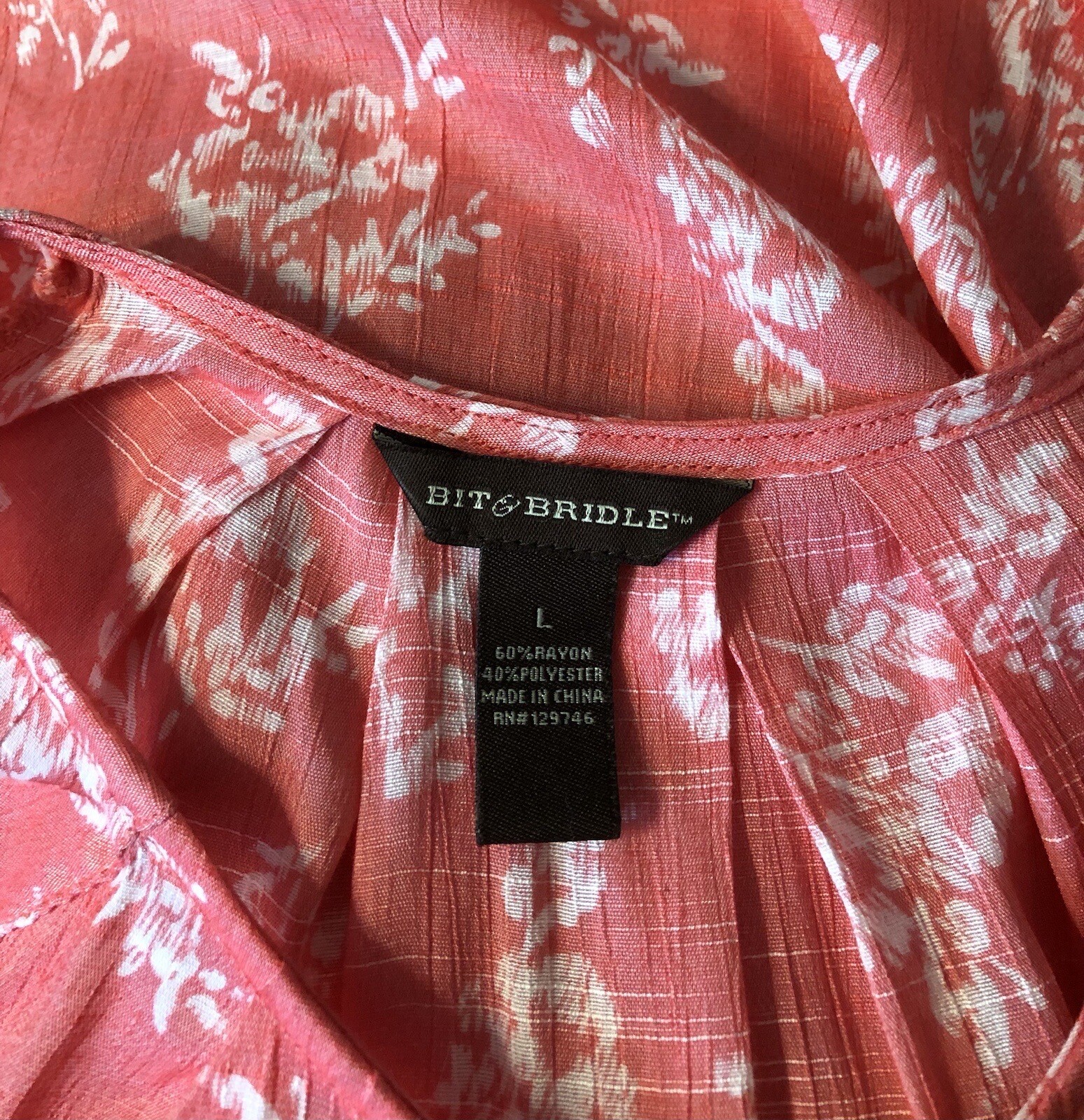 Bit & Bridle Top L Coral Shimmer Floral 1/2 Button Smocked Pleats gauzy romantic