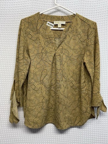 Michael Kors Beige/Gold Chain Print V-Neck Blouse Top Women Large Cambodia