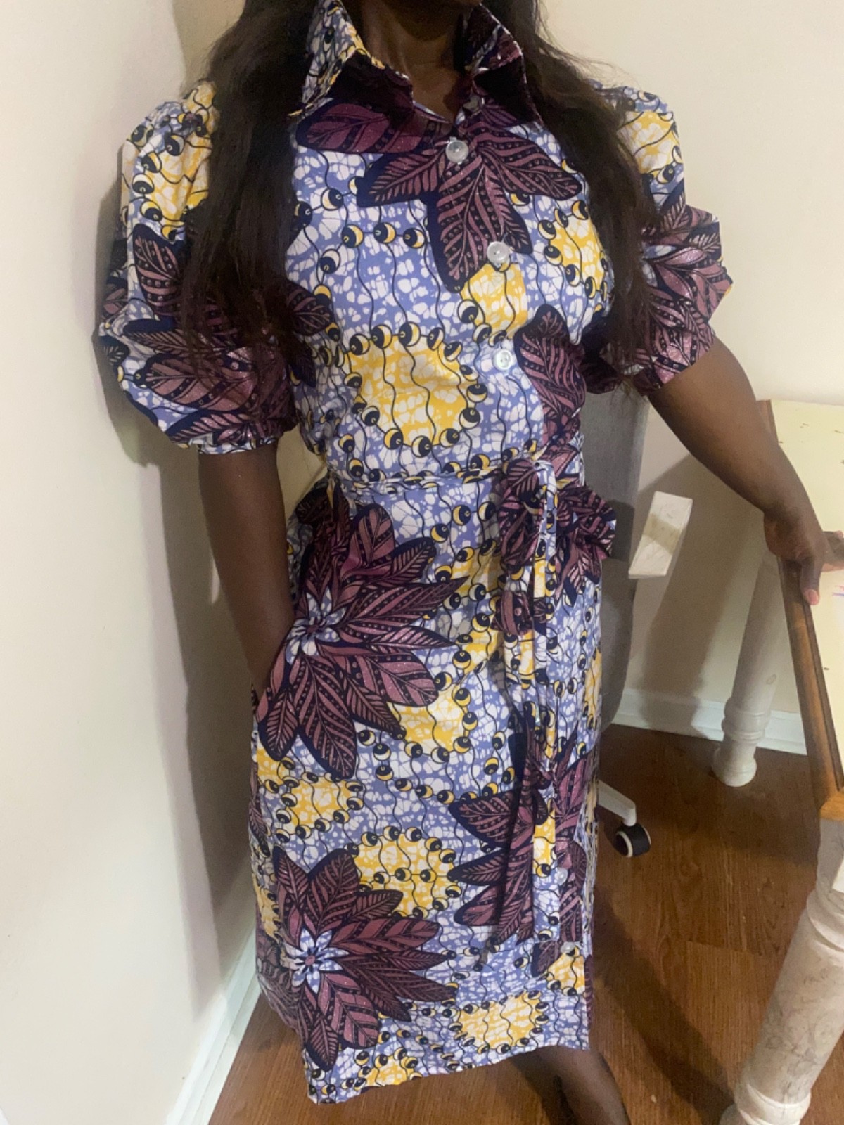 A-line African Prints button down shirt dress for women with belts and pockets