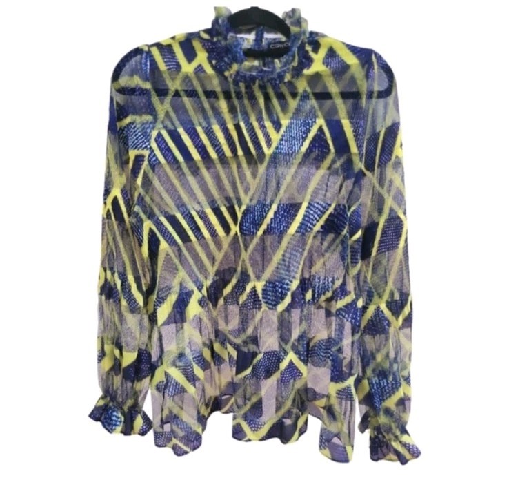 NWOT CQ by CQ Womens Blue and Yellow Mesh Swing Blouse Ruffled Neck Top SMALL