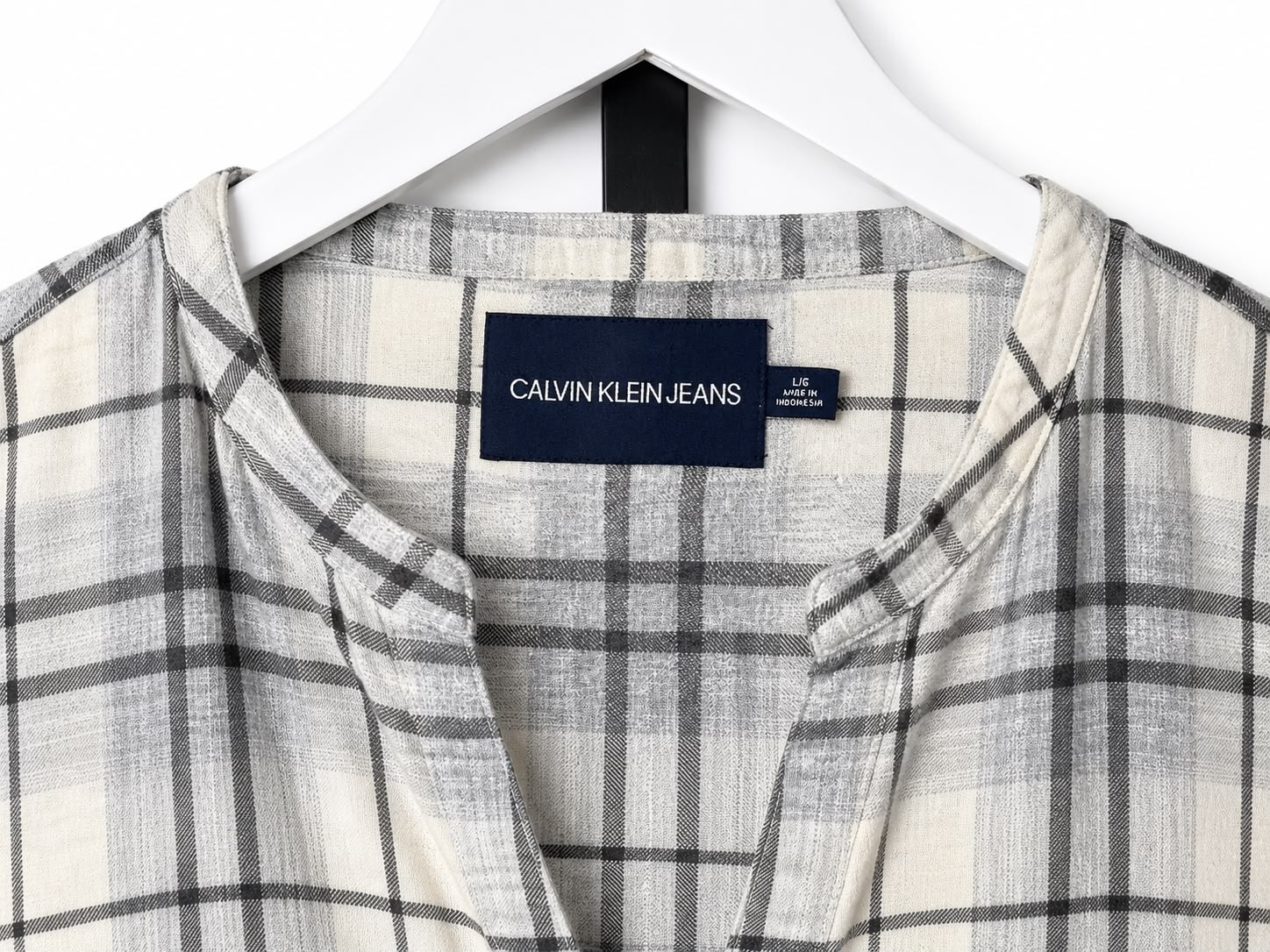 Calvin Klein Jeans Plaid Shirt Womens L Gray White Roll Tab 100% Cotton