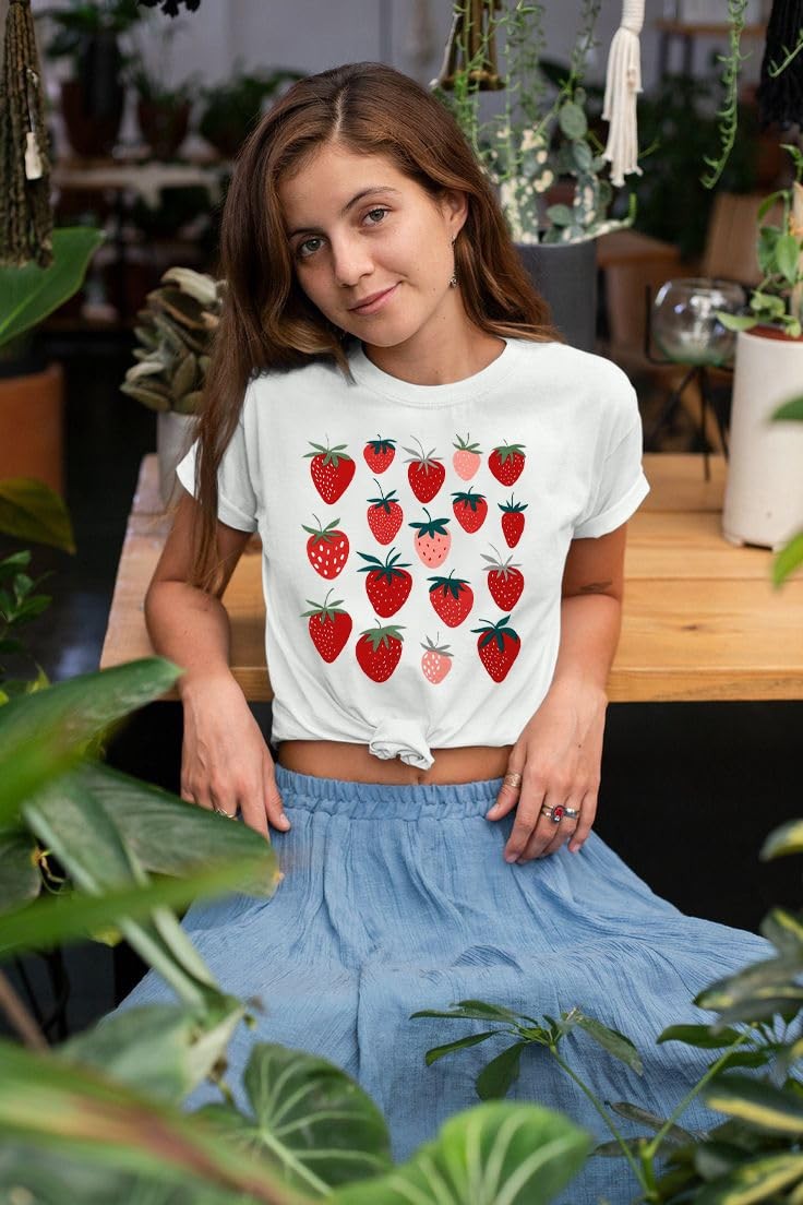 Women’s Strawberry Shirt Cottagecore T-shirt Gardener Gift Top, White XL