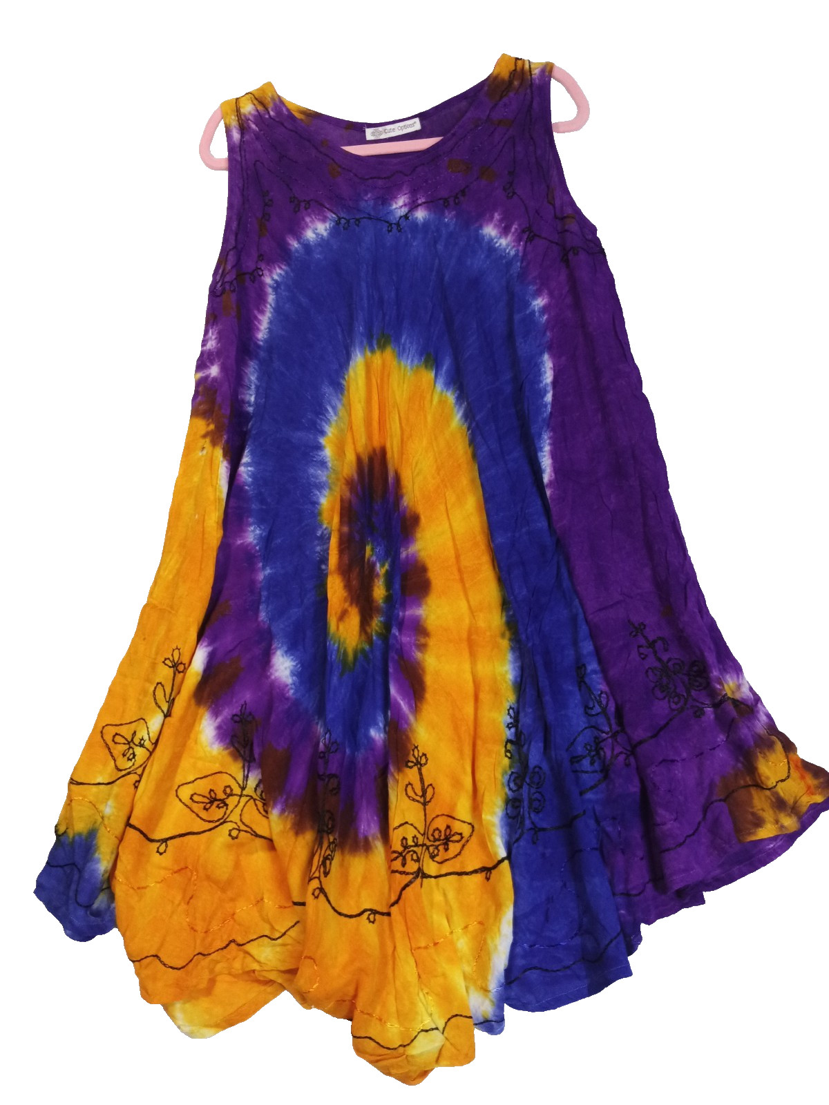 Cute Options Women’s Tie Dye Tunic Top Purple Orange Embroidered Sleeveless Boho