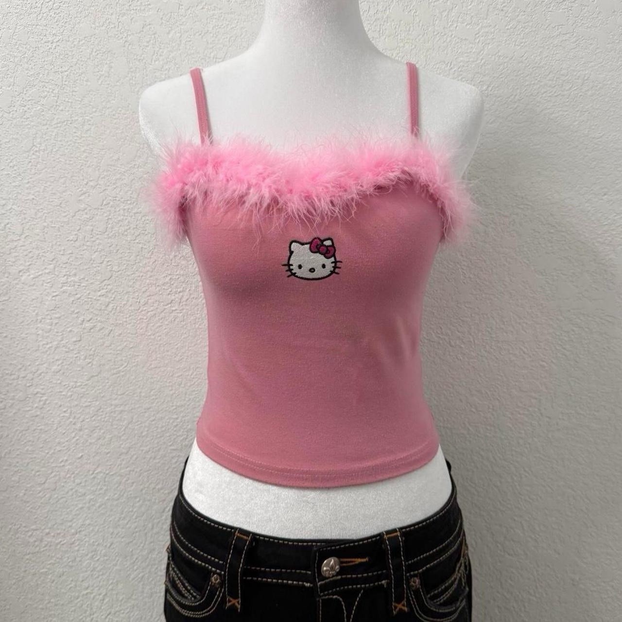 Dollkill x Hello Kitty Sanrio Collaboration Pink Cami Tank Top Feather Trim Top