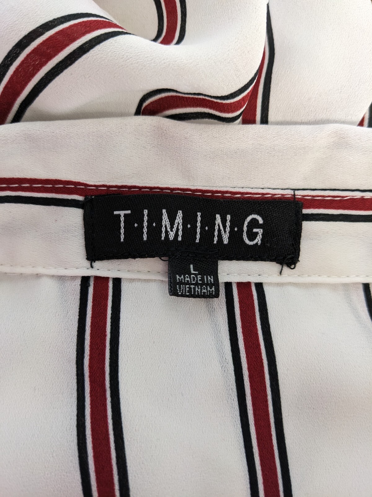 Timing Top Womens Large Red White Stripe Button-Up Long Tab Sleeve Career Flowy