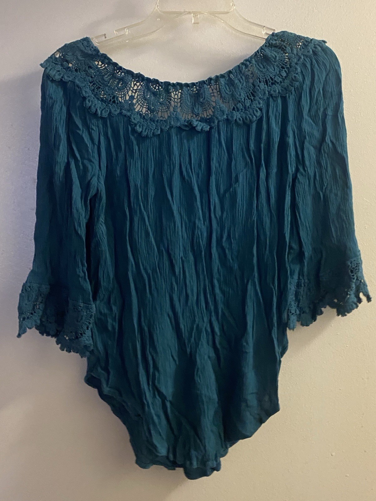 Westport 1962 Womens Boho Blouse Teal Green S 40” Oversized Crochet Neck Boho