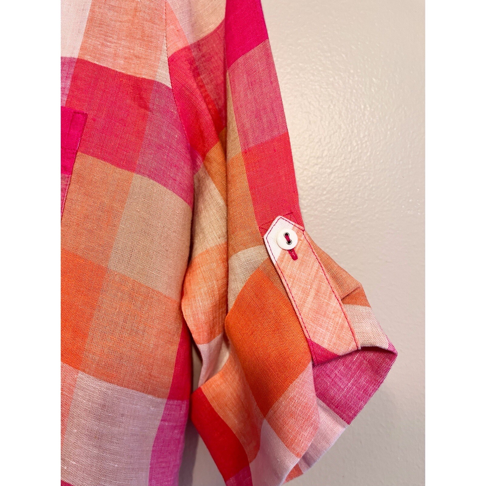 Foxcroft Easy Care Linen Tamara Check Top in Pink and Orange Petite 14