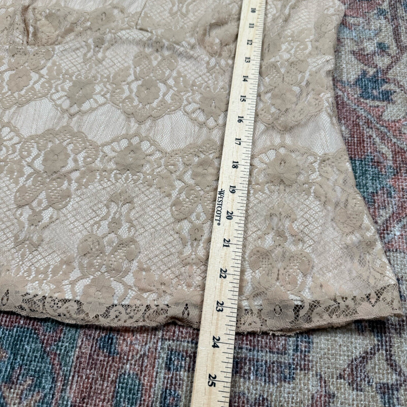 Worthington Stretch Beige Lace Babydoll Top Cottagecore Romantic Feminine Boho