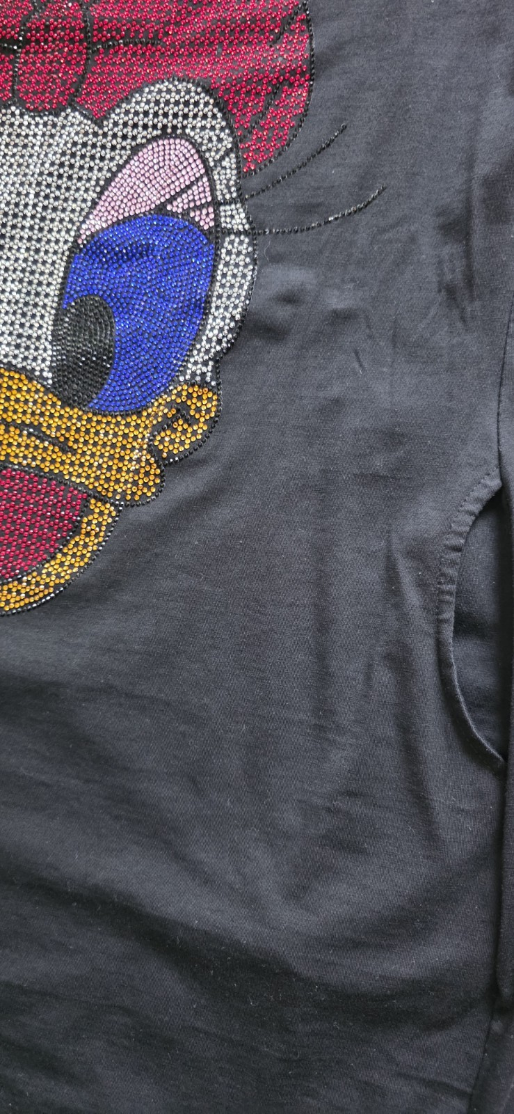 Women’s Black T-Shirt Rhinestone Daisy Duck Bling Graphic Gold Sleeve