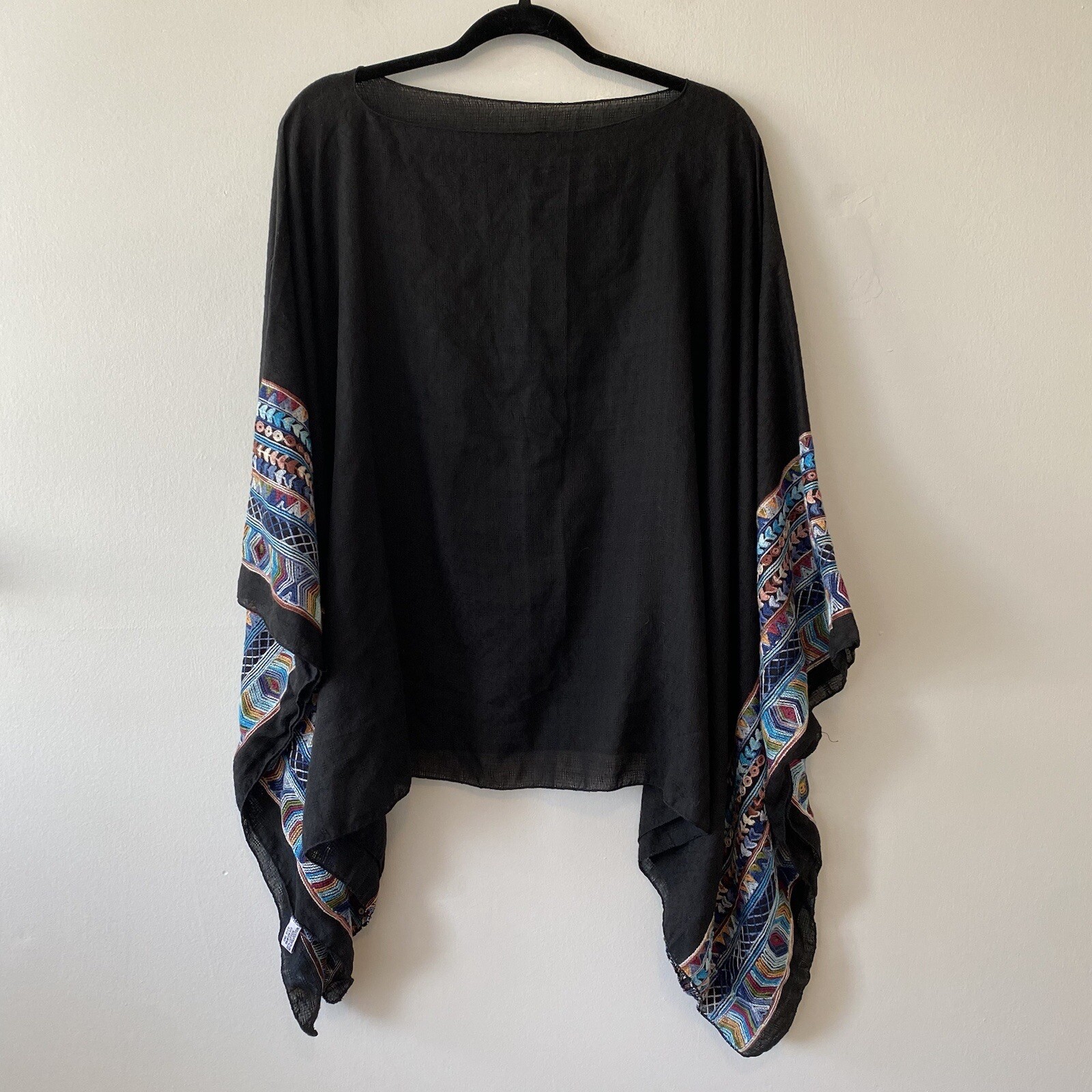 Black Kimono Top One Size Multicolored Embroidered Sleeves Boho Bohemian Summer