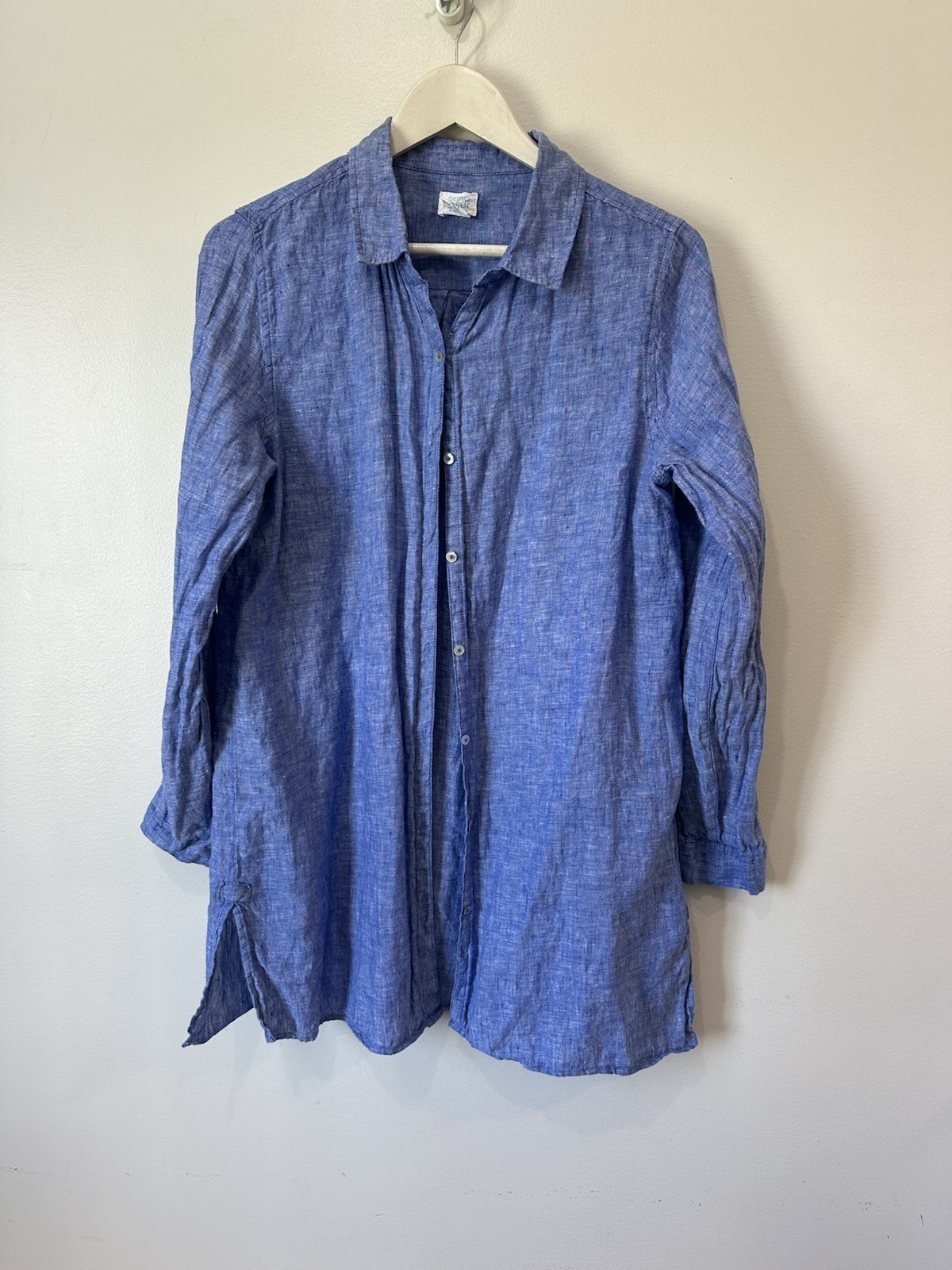Sigrid Olsen Shirt Women’s Large Blue 100% Linen Roll Tab Woven Tunic Sz. Medium