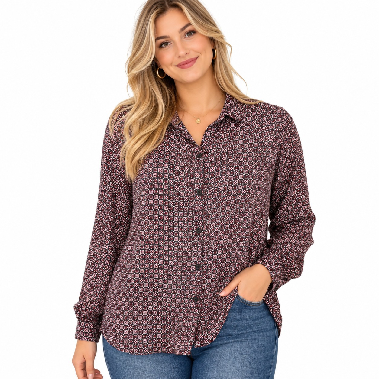 CHELSEA & THEODORE Blouse XXL Red Gray Geometric Print Long Sleeve Button Up