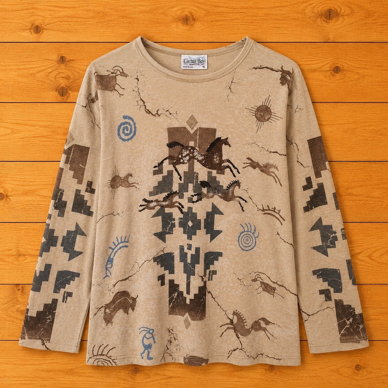 Cactus Bay Apparel Womens XL Southwestern Horse Rhinestone Cotton Top Tan L/S