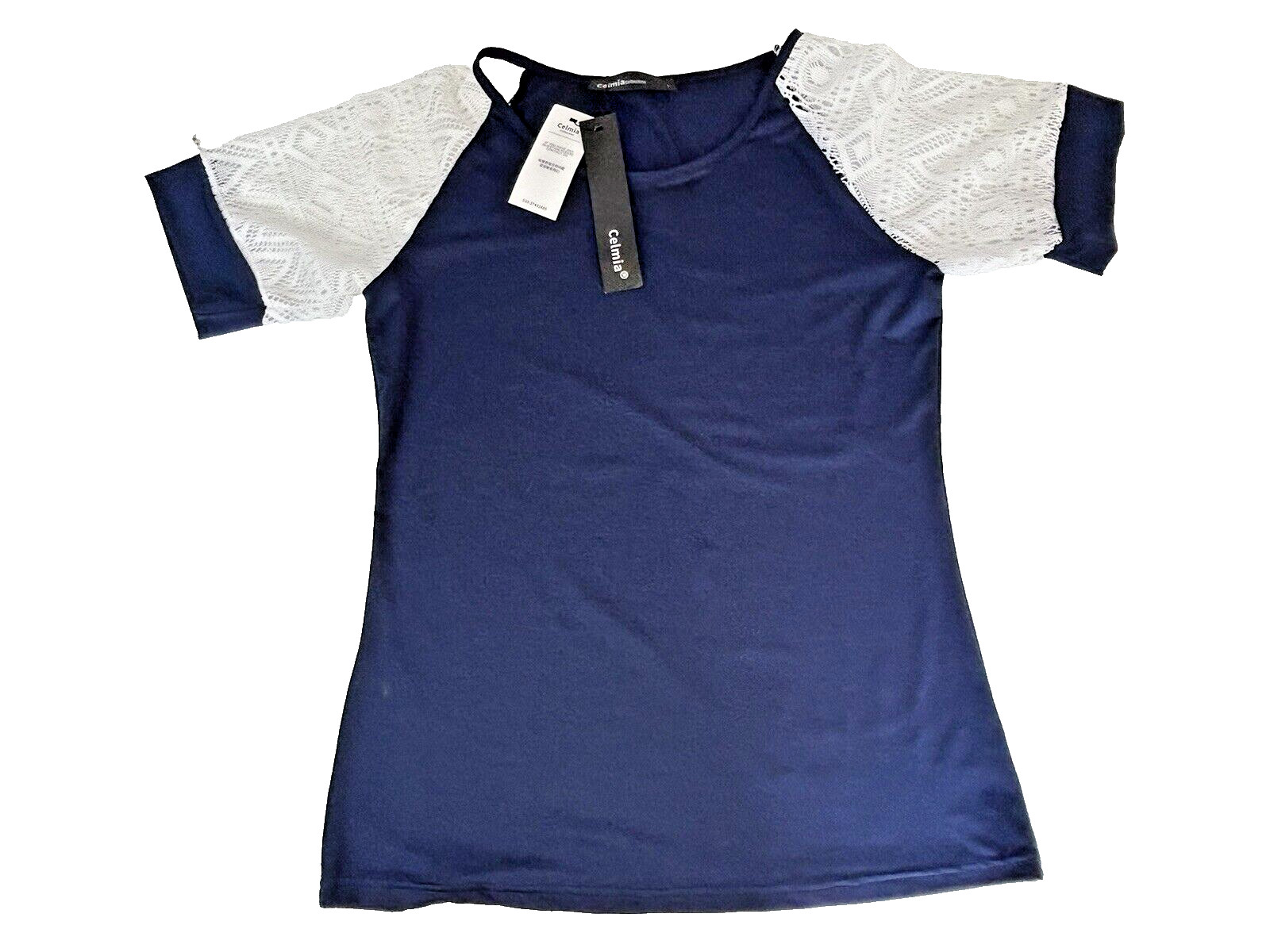 CELMIA Collection Womens Large Blue Shirt With Lace Short Sleeves Shirt