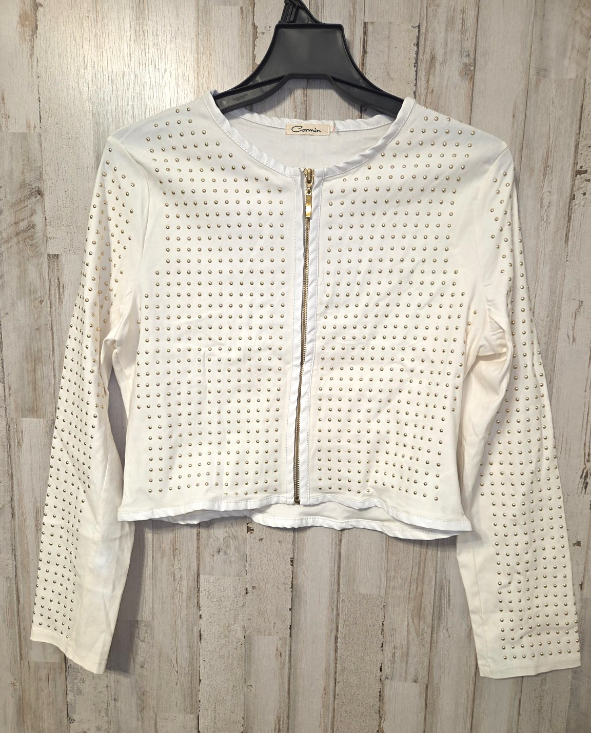 Carmin size L Zip Crop Jacket Top Studded Stretch Cotton Faux-leather Trim Crop