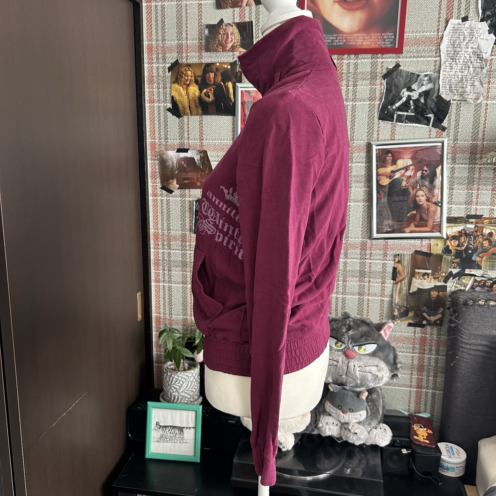 Wine Red Zip-Up Jacket High Neck Logo Embroidery Y2K Streetwear Casual